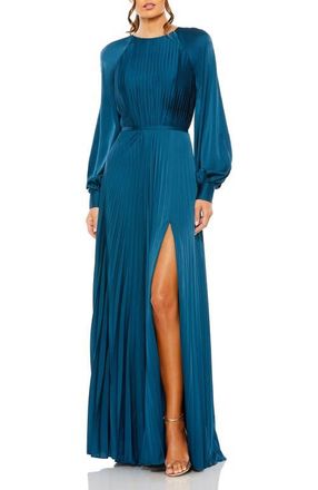 Mac Duggal Womens Pleated High Neck Raglan Long Sleeve Side Slit Gown in Peacock at Nordstrom, Size 14