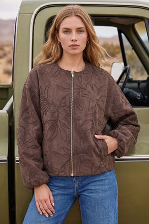 Roman Womens Embroidered Bomber Jacket - Brown - Size 18 UK