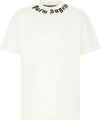 Palm Angels Neck Logo Tee - Heren - T-shirts - Wit - 2XL - Katoen - Tops