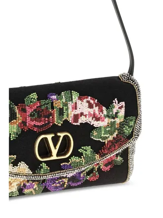 Valentino Garavani Womens Shoulder Bag Devain Embroidered Multicolour Multicolour-Black Linen Multicolour/black