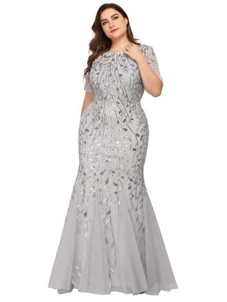 Ever-pretty Ever Pretty Womens Elegant O Neck Short Sleeve Floor Length Mermaid Embroidery with Sequin Plus Size Wedding Guest Dresses Silver 16UK