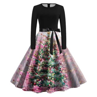 Generic Women Christmas Dress Santa Snowman Snowflake Print Long Sleeve O Neck Evening Party Dress Xmas Costume Swing Dresses Christmas Cosplay Mini (XXL)