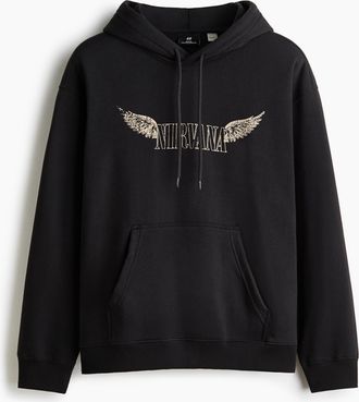 H&M Bedruckter Hoodie in Loose Fit - Schwarz