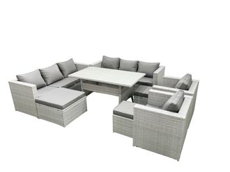 Fimous Rattan Garden Furniture Set Outdoor 8 Seater Patio Dinin g Sofa Sets with Dining Table 2 Chairs 3 Footstools Light Grey Mixed