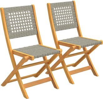 OEM Set Di 2 Sedie Pieghevoli Da Giardino In Rattan Pe E Legno Di Acacia, Supporto Fino A 160 Kg, Grigio
