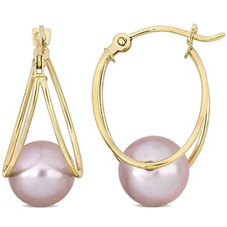Mimi & Max 8-8.5mm Cultured Freshwater Pink Pearl Drop Hoop Earrings in 10k Yellow Gold