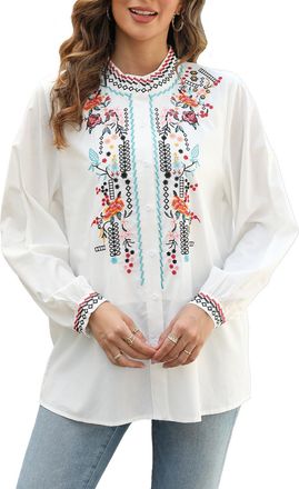 JD Williams Womens Bohemian Embroidered Tops Indian Style Loose Tunics Long Sleeve Casual Blouse(Medium,White,781)