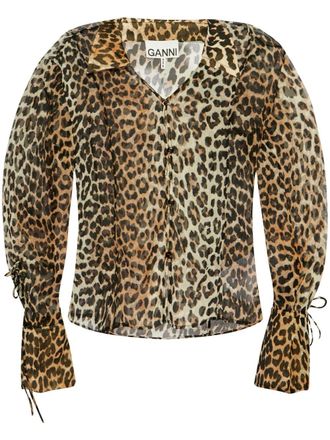 Ganni animal-print long-sleeve blouse - women - Recycled Polyester - 34 - Neutrals