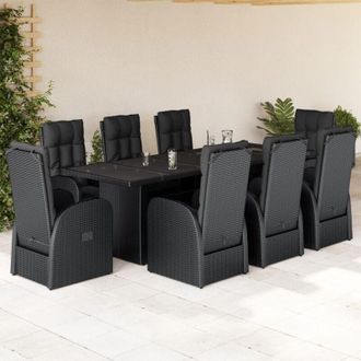 vidaXL Set De Comedor De Jard&iacute;n 9 Pzas Y Cojines Rat&aacute;n Sint&eacute;tico Negro