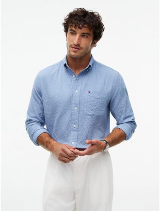 Tommy Hilfiger Mens Classic Fit Seersucker Pocket Shirt - Brisk Blue - XL