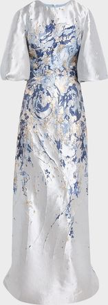Rene Ruiz Metallic Brocade Puff-Sleeve Column Gown