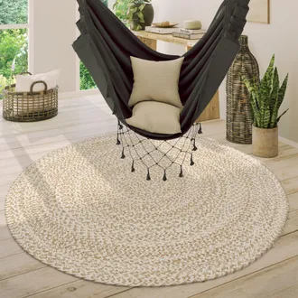 Paco Home Paco Home - Alfombra Redonda Sal&oacute;n Yute Boho Motivo &Eacute;tnico Moderno Hecha A Mano Natural Beige, &Oslash; 120 Cm Redon