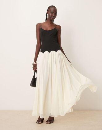Asos cami mixed fabric maxi dress with dropped waist in black and white color block-Multi