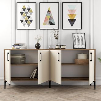 Dmora Credenza Pollein, Alacena 2 Estantes, 4 Puertas, 4 Compartimentos, 180x35x78h Cm Blanco Crema