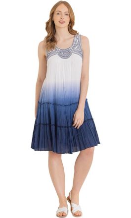 Klass Embroidered Ombre Sleeveless Cotton Dress - White/Blue - 14