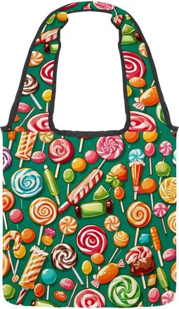 Generic Green Candy Pattern Reversible Canvas Shoulder Tote - Double-Sided Print, 12oz Cotton, 27cm Drop, Fold-Flat Bag for Travel, Shopping, Street Outings