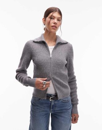 Arket Cardigan in pura lana grigio m&eacute;lange con colletto ampio e zip sul davanti