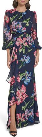 Eliza J Floral Long Sleeve Ruffle Chiffon Dress in Navy at Nordstrom, Size 10