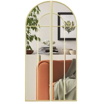 HOMCOM Espejo Decorativo De Pared De 2 Piezas 30x120 Cm Espejo De Ventana Con Dise&ntilde;o En Arco Y Marco De Metal Para Sal&oacute;n Dormitorio Entrada Dorado - Homcom