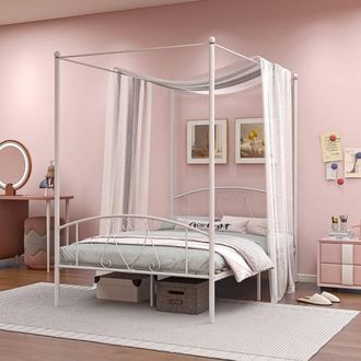 Costway Costway Double Size Metal Canopy Bed Frame 4-Poster Modern Platform Wooden Slat Support in White
