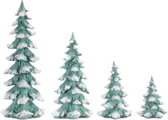 Melrose International Flocked Seafoam Pine Tree with Carved Design (Set of 4) - Blue, White