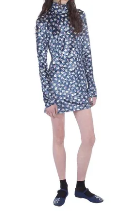 Anna Sui Posie Stretch Velvet Turtleneck Dress in Cornflower Multi at Nordstrom, Size Large