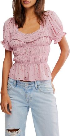 Free People Adore You Ruffle Puff Sleeve Peplum Top in Bleached Mauve Combo at Nordstrom, Size X-Small