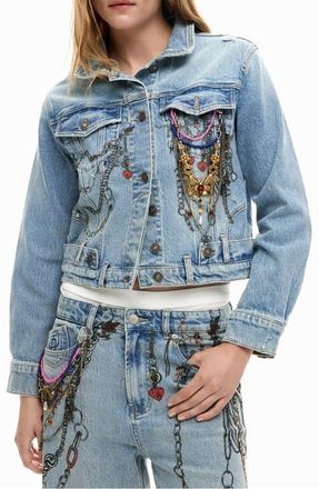 Desigual Embellished Denim Trucker Jacket in Medium Blue at Nordstrom, Size X-Small
