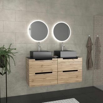 Aurlane Aurlane - Mueble De Ba&ntilde;o 120cm Roble Y Negro, Lavabos Cuadrados Y Espejos Led &Oslash;50cm - Omega
