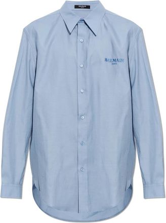 Balmain Shirt met geborduurd logo - Heren - Zakelijke Overhemden - Blauw - XL - Katoen - Overhemden