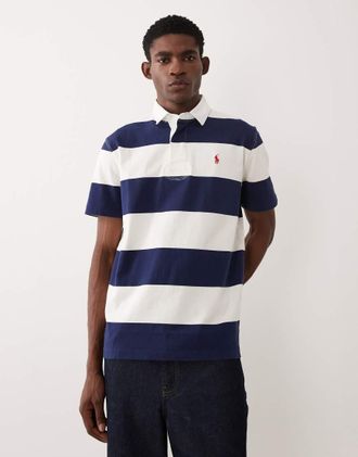 Polo Ralph Lauren Camicia stile rugby a maniche corte blu navy e bianca a righe con logo iconico-Bianco