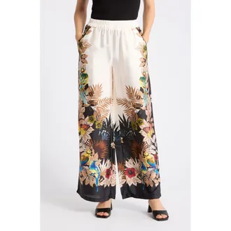 T Tahari Tropical Print Side Border Wide Leg Pants in Jungle Bird Print at Nordstrom Rack, Size X-Large