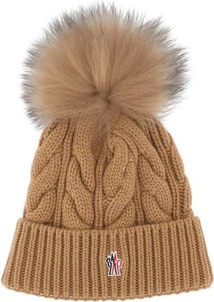 Moncler Accessoires, Dames, Beige, ONE Size, Wol, Pompon Gebreide Muts