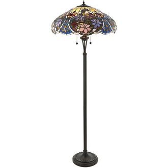 Loops 1.5m Tiffany Twin Floor Lamp Dark Bronze & Floral Stained Glass Shade i00027 in Clear