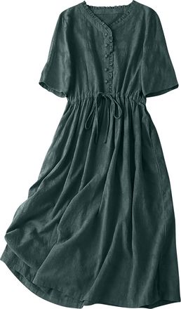 Generic Ladies Summer Dresses Oversized Cotton Linen V Neck Three Quarter Sleeve Minimalist Boho Dress Relaxed Fit Artistic Loose Silhouette Dark Green