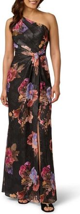 Adrianna Papell One-Shoulder Chiffon Gown in Black Multi at Nordstrom, Size 16