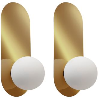 Beliani Conjunto De 2 L&aacute;mparas De Pared Ovaladas Con Pantallas Esf&eacute;ricas De Vidrio Opalino Dorado Leisi