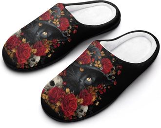 Generic Black Cat Pumpkin Floral Skull Men Slippers Funny House Shoes Cotton Slipper for Indoor Outdoor
