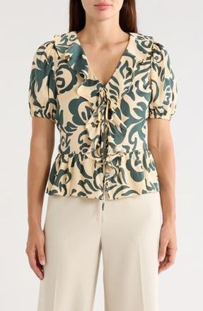 T Tahari Puff Sleeve Ruffle Peplum Top in Natural/Green Swirl Print at Nordstrom Rack, Size X-Large