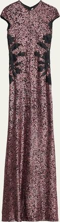 Naeem Khan Floral Applique Short-Sleeved Sequin Gown