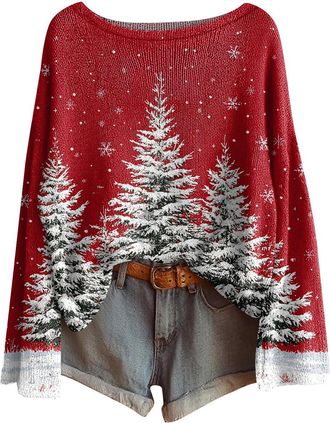 Generic Funny Christmas Jumper for Women, Long Sleeve Loose Fit Boat Neck Sweater Pullover, Festive Knitted Jumper with Multiple Designs for Holiday & Casual 
