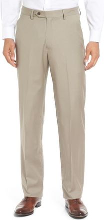 Berle Flat Front Solid Super 130s Wool Gabardine Trousers in Tan at Nordstrom, Size 33 X Unhemmed