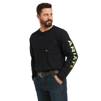 Ariat Mens Rebar Workman Logo T-Shirt Long Sleeve in Black Lime Cotton, Size X-Small, by Ariat