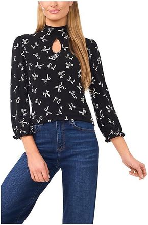 CeCe by Cynthia Steffe Tossed Bows Mock Neck Knit Top Womens Clothing Rich Black : MD, Polyester/Spandex