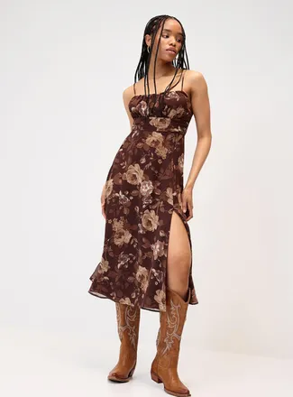 Twik Womens Brown flowers chiffon midi dress