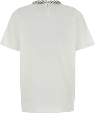Prada Womens Crystal-Embellished Crew Neck Cotton T-Shirt White