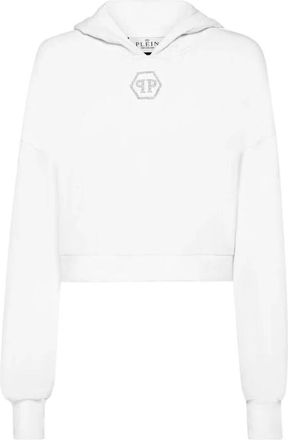 Philipp Plein Cropped Hoodie Sweatshirt Crystal Hexagon - Dames - Sweatshirts & Hoodies - Wit - Maat: S Katoen