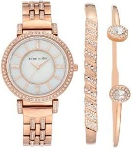 Anne Klein Quartz Ladies Premium Crystal Accented Bangle Watch and Bracelet Set AK-3628RGST