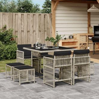 vidaXL Set Comedor De Jard&iacute;n 9 Pzas Cojines Rat&aacute;n Sint&eacute;tico Gris Claro Vidaxl