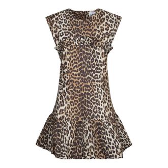 Ganni Short Dresses, female, Brown, Size: XS Leopard Print Cotton Mini Dress